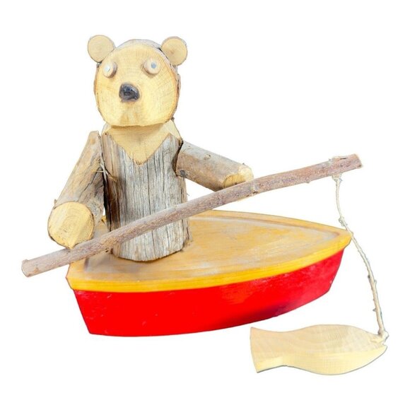 Folk Art Hand Made Wooden Bear Fishing Figurine With Attached Fish On A Boat VTG - Picture 10 of 13